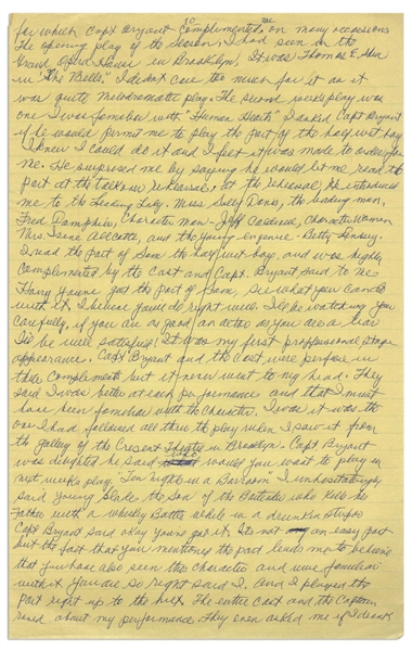 Moe Howard's Handwritten Manuscript Page When Writing His Autobiography -- Moe Gets Onstage, ''if you are as good an actor as you are a liar I'll be well satisfied!'' -- Single 8'' x 12.5'' Page